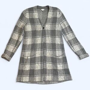 J.Jill Small Tall Gray Jacquard Plaid Cotton Knit Cardigan Duster Sweater Jacket